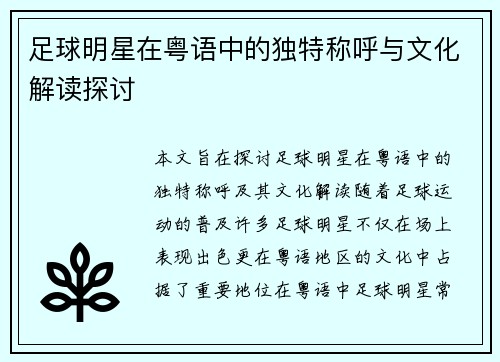 足球明星在粤语中的独特称呼与文化解读探讨